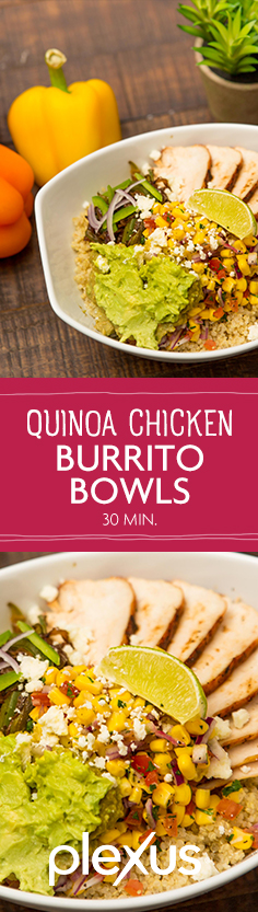 A super yummy, healthy, gluten free chicken burrito recipe—made with quinoa, corn, veggies, and avocado! Your perfect fix for lunch, dinner, or a quick meal prep!