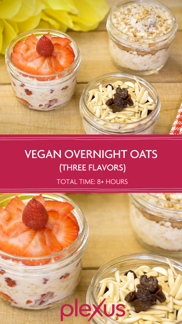 This no cook, vegan, overnight oatmeal includes almond milk yogurt, almond milk, and delicious mix-in choices like cocoa coconut, strawberry raspberry, and vanilla raisin.